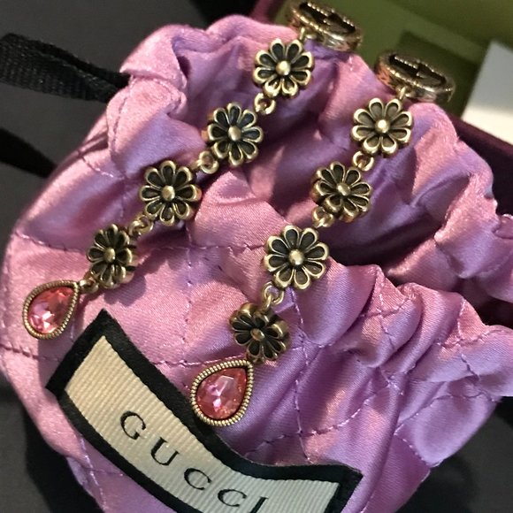Gucci GG Marmont Pink Daisy Drop Earrings Silver 925 Aged Gold Finish GORGEOUS! - Picture 13 of 16